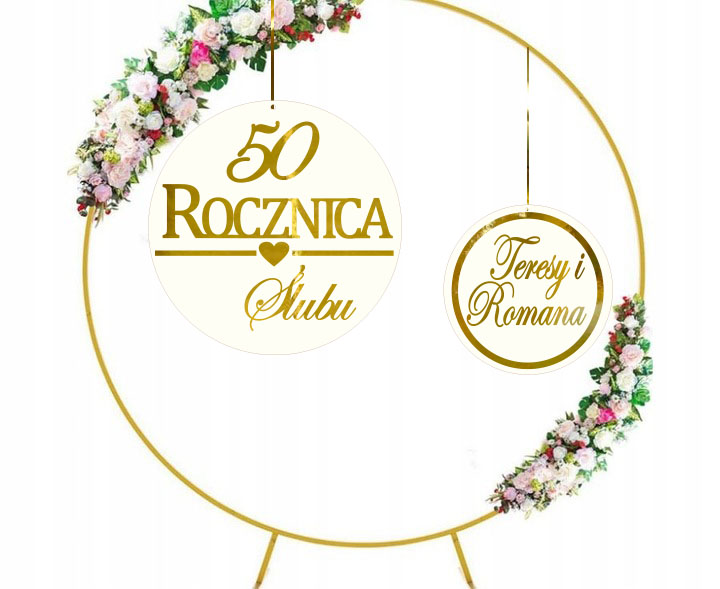 Baner na 50 Rocznicę Ślubu Tablica Ścianka Koło różowe złote lustro zestaw