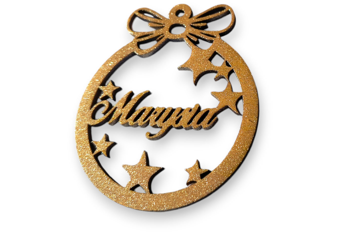 Drewniana Bombka z Imieniem na choinkę, kolor złoty brokat