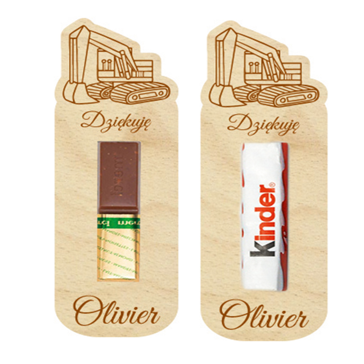 Podziękowanie dla gości MERCI czekoladki prezent z życzeniami na Komunię Roczek Urodziny Ślub Chrzest Święty IMIĘ grawer Koparka