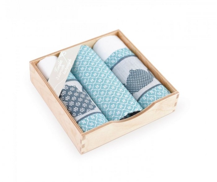 Komplet kuchenny trzech ścierek z technologią antybakteryjną 50x70 w pudełku drewnianym wz. 8663/1 turkus barista