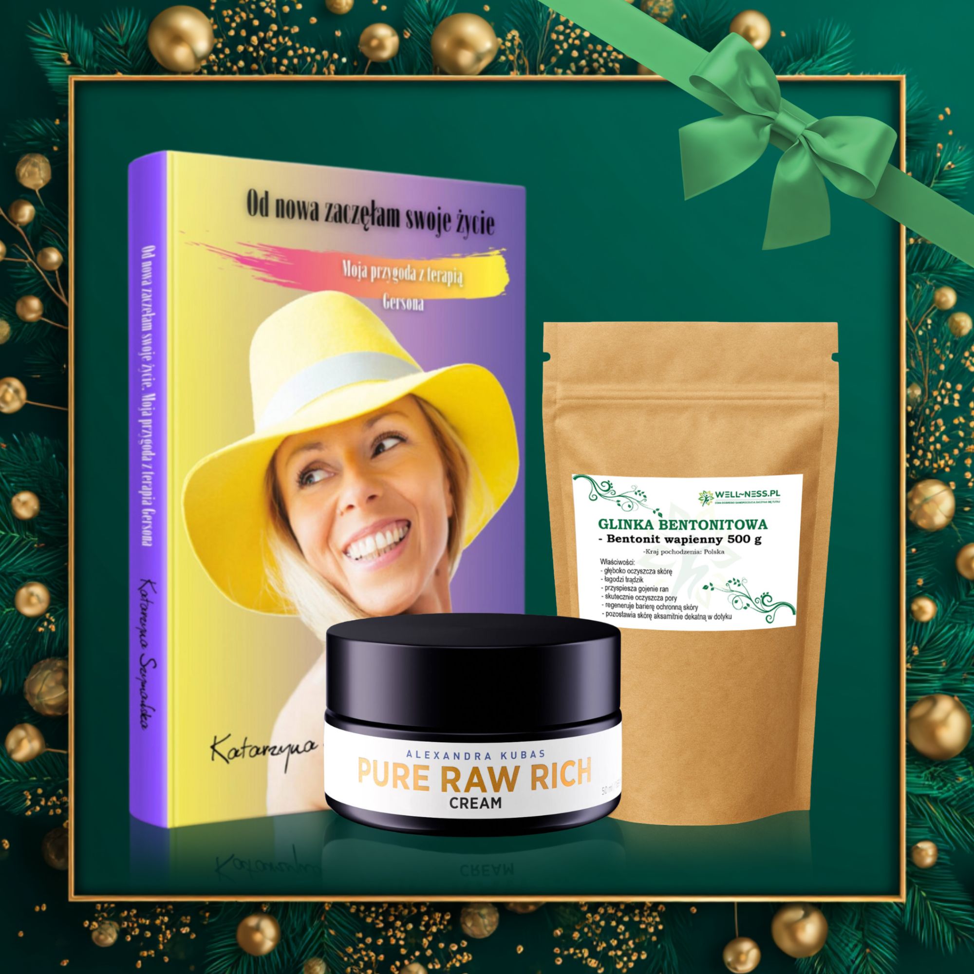 Zestaw Świąteczny - Glinka bentonitowa 500g + Alexandra Kubas PURE RAW RICH KREM 50 ml + Książka "Moja przygoda z terapią Gersona"