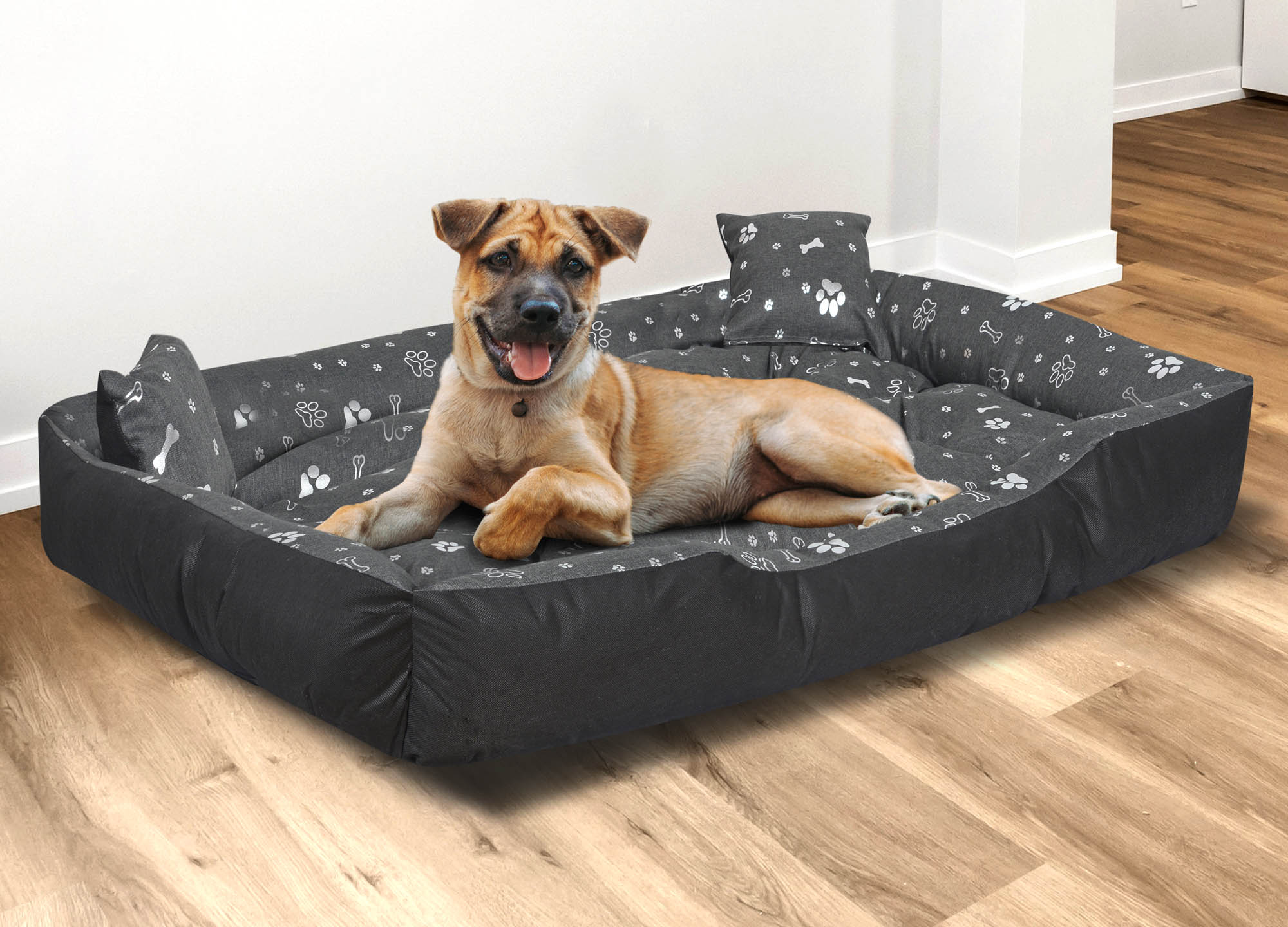 Legowisko dla psa kojec 75x65 cm wodoodporne kości srebrne