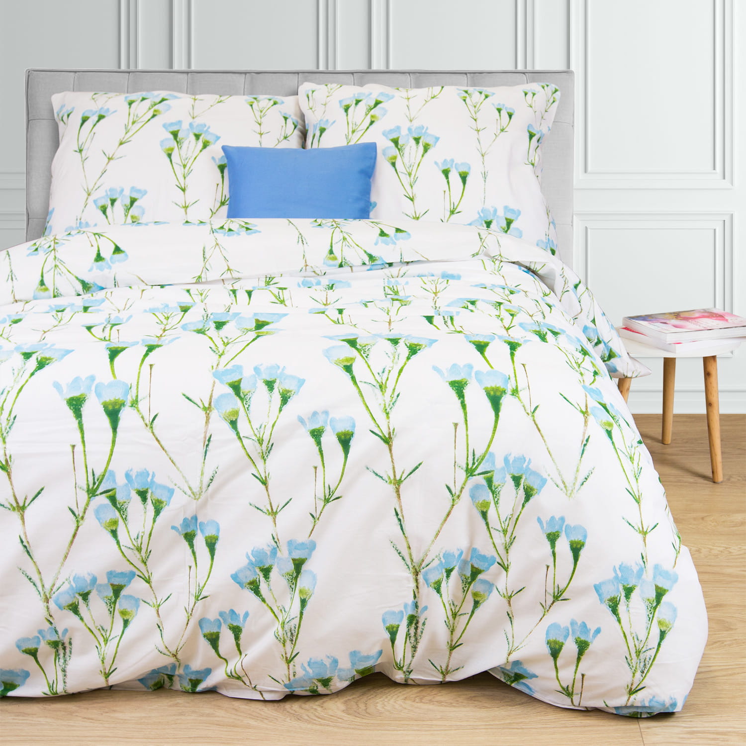 Komplet pościeli 220x200 100% BAWEŁNA niebieskie kwiaty polne