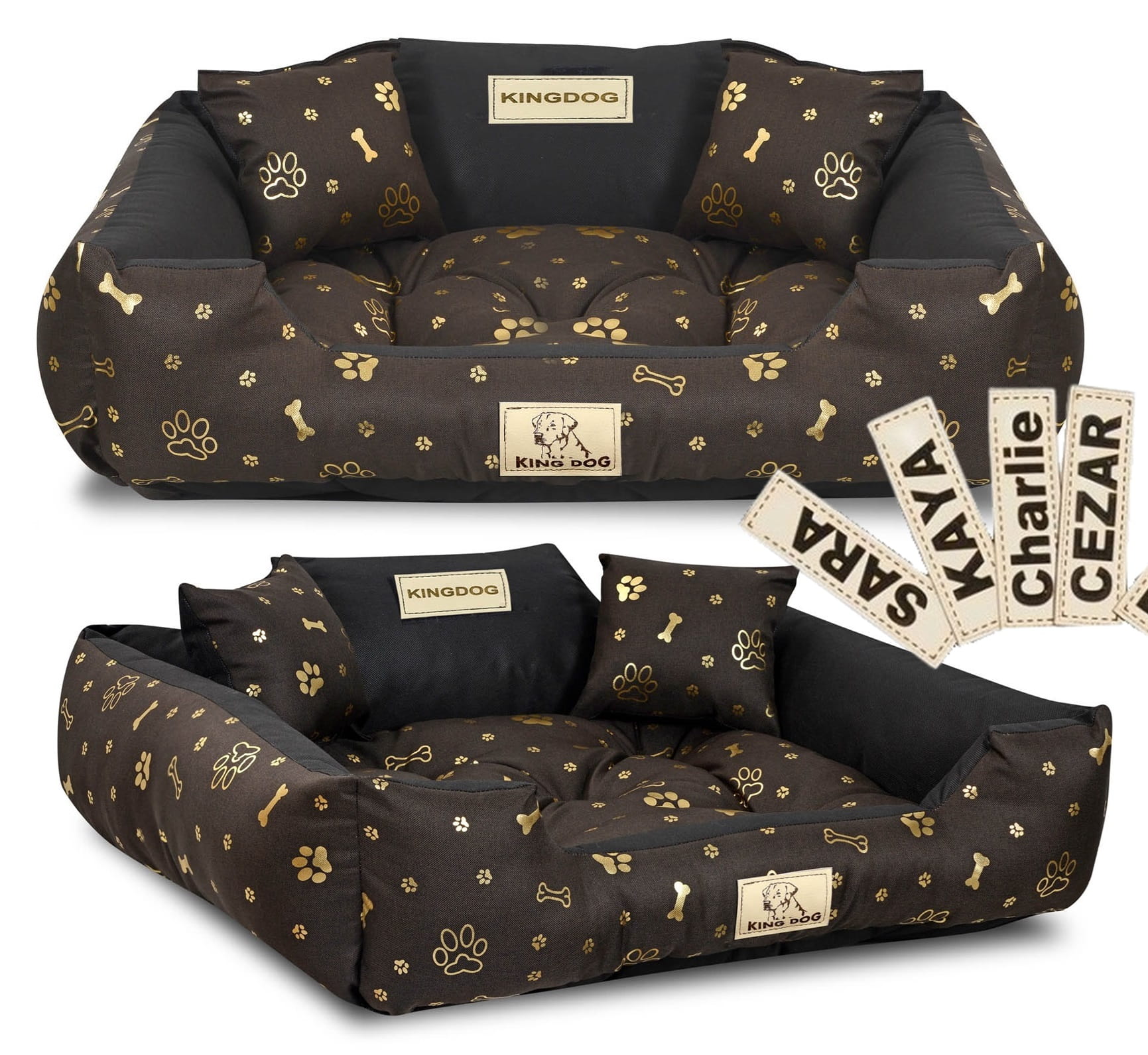 Legowisko dla psa kojec KINGDOG 115x95 cm personalizowane wodoodporne kości złote