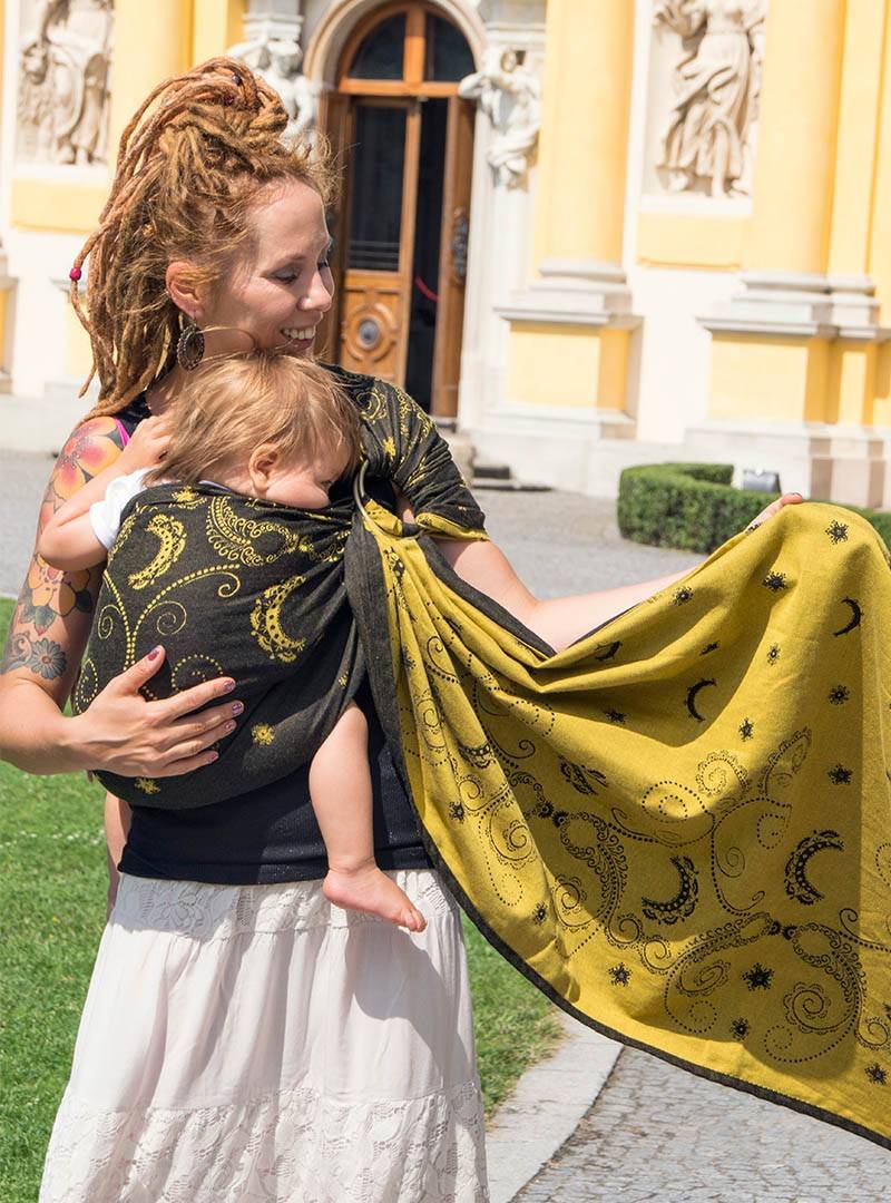 Chusta do noszenia dzieci LUNA BLACK AND GOLD RING - 100% Bawełna, chusta kółkowa, rozmiar: 2,1 m, splot żakardowy