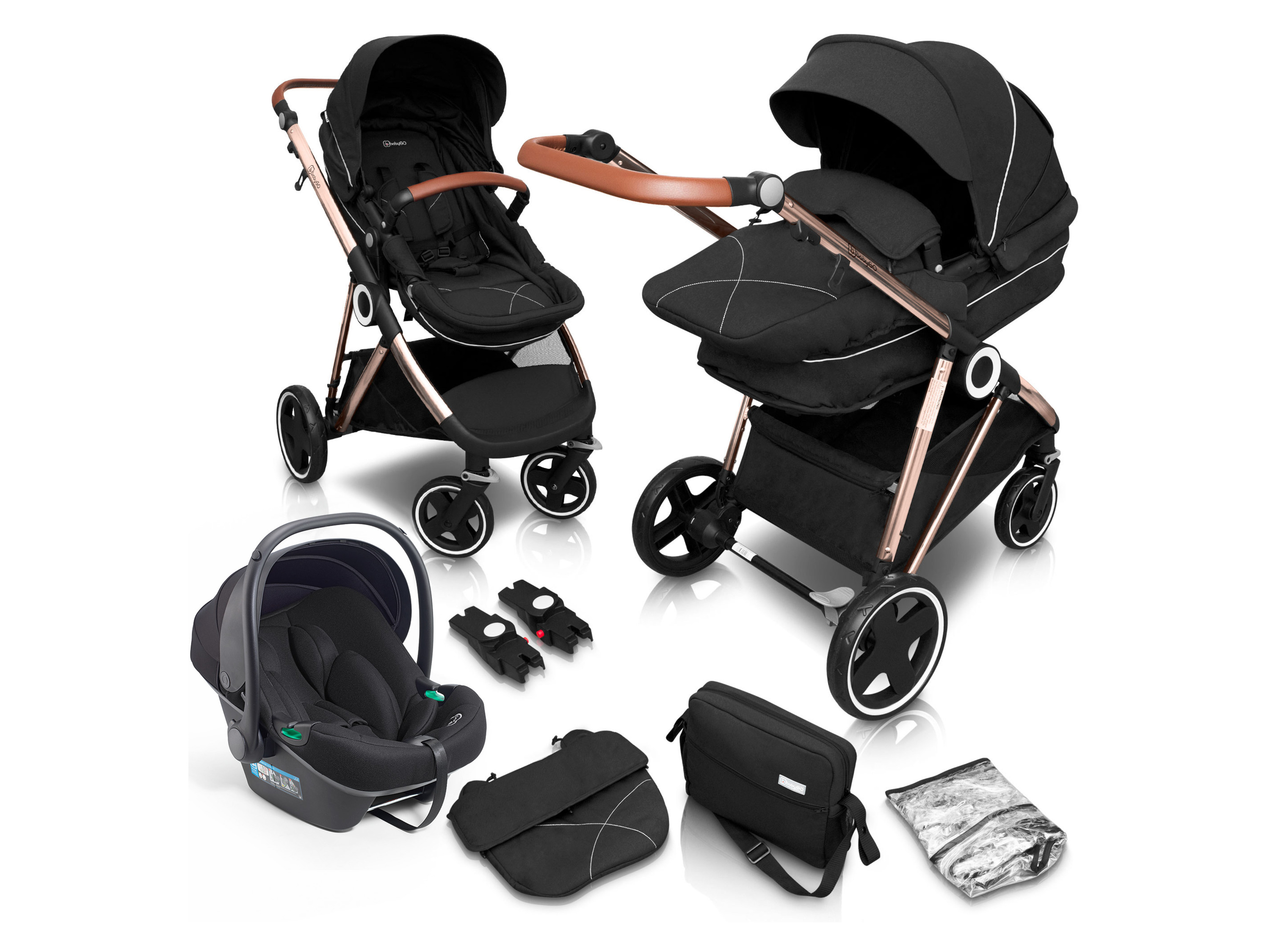 BabyGO Wózek 3w1 Buggy «Halime AIR Pram », z gondolą, spacerówką i fotelikiem samochodowym Złoty czarny