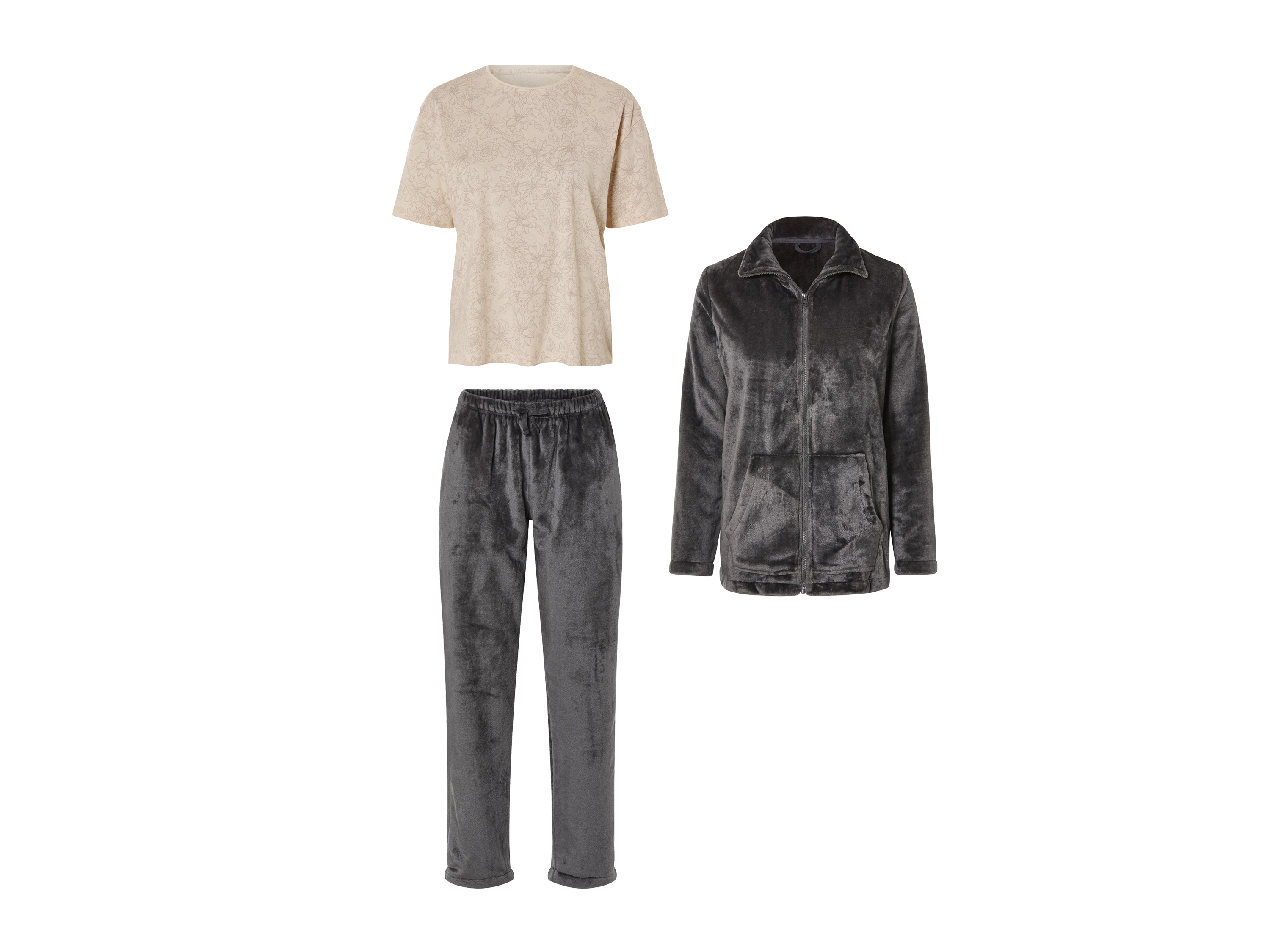 esmara Komplet domowy damski t-shirt + spodnie + szlafrok XS 32/34, Szary/beżowy