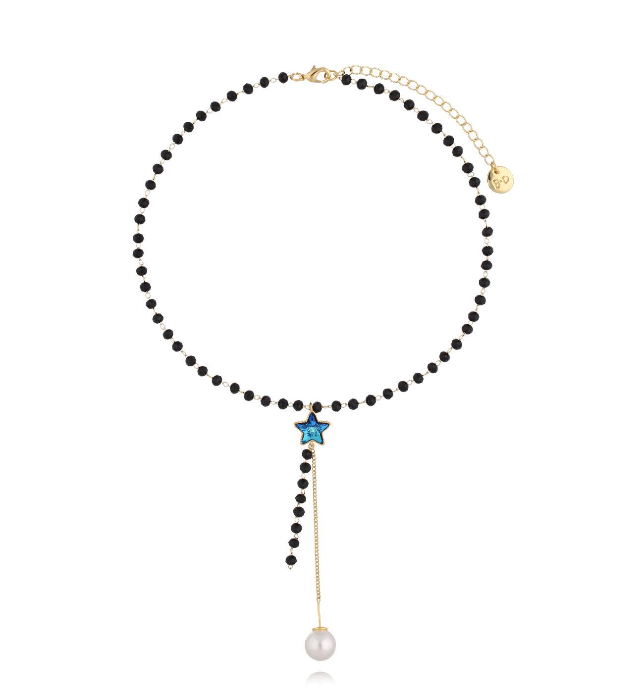 Naszyjnik z czarnych koralików i niebieską gwiazdą NLU0049 - By Dziubeka
