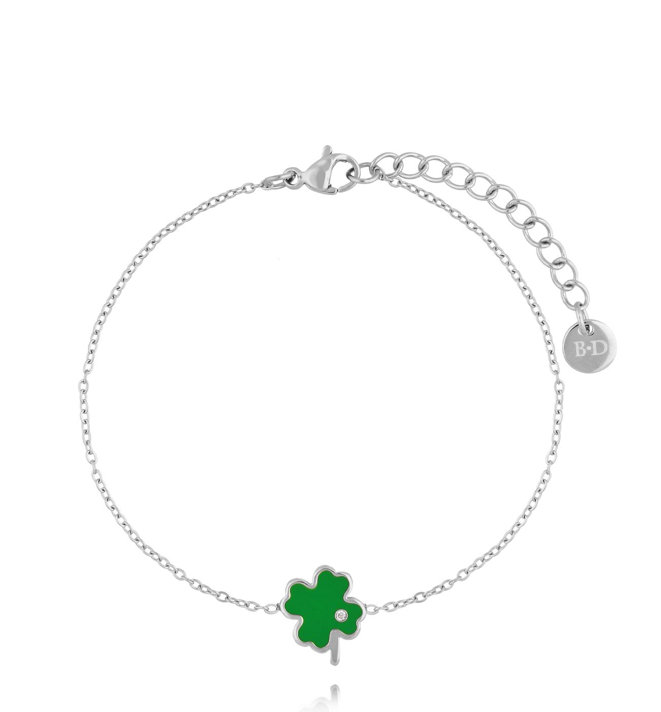 Bransoletka z zieloną koniczynką srebrna - By Dziubeka