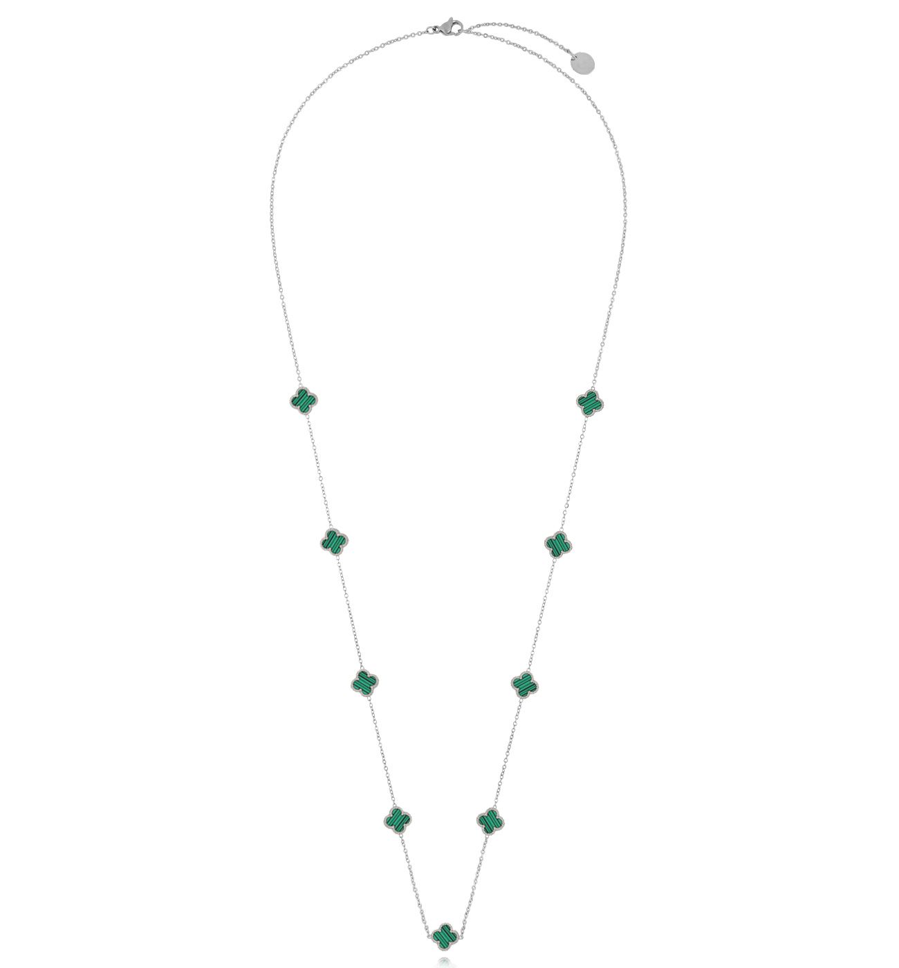 Naszyjnik z zielonymi koniczynkami długi srebrny NSY0363