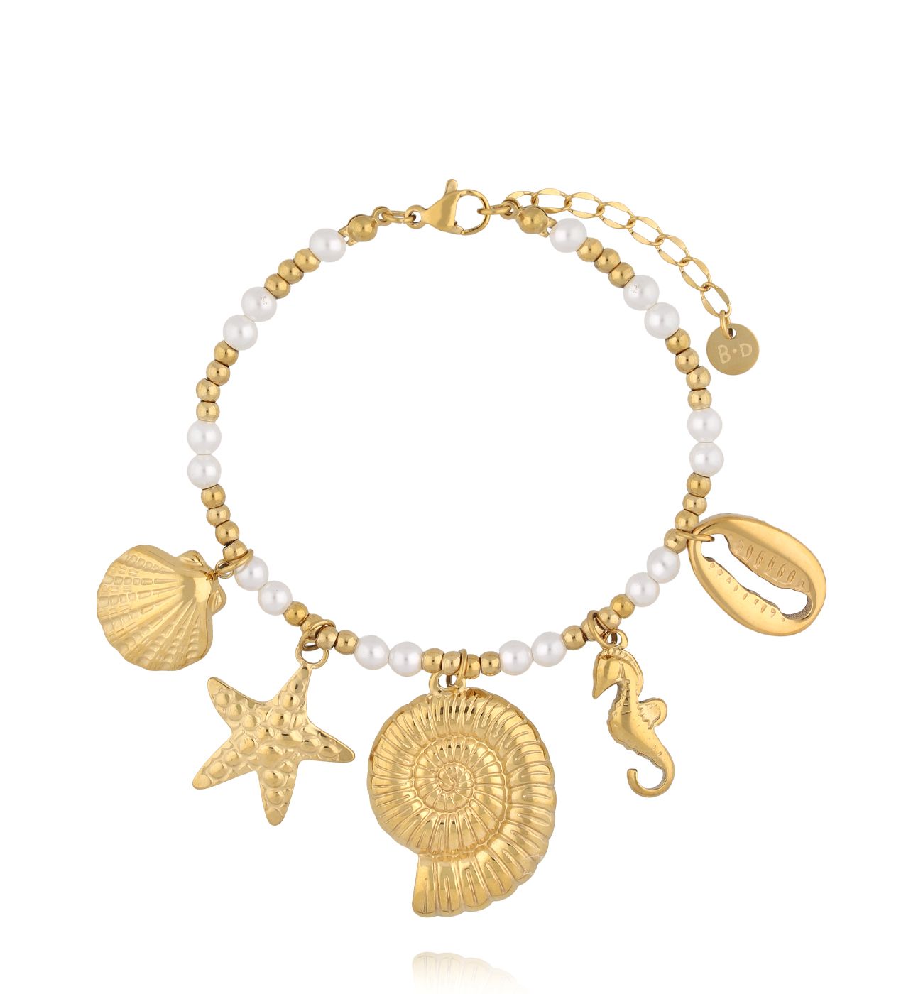 Bransoletka z muszlami, konikiem morskim i perełkami BSY0393 - By Dziubeka