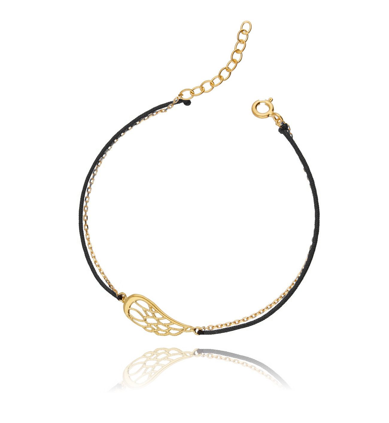 Bransoletka srebrna pozłacana na czarnym sznurku - skrzydło BSE0044