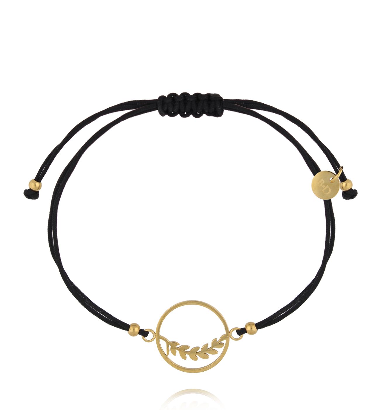 Czarna bransoletka na sznurku ze złotym motywem rośliny BGL0835