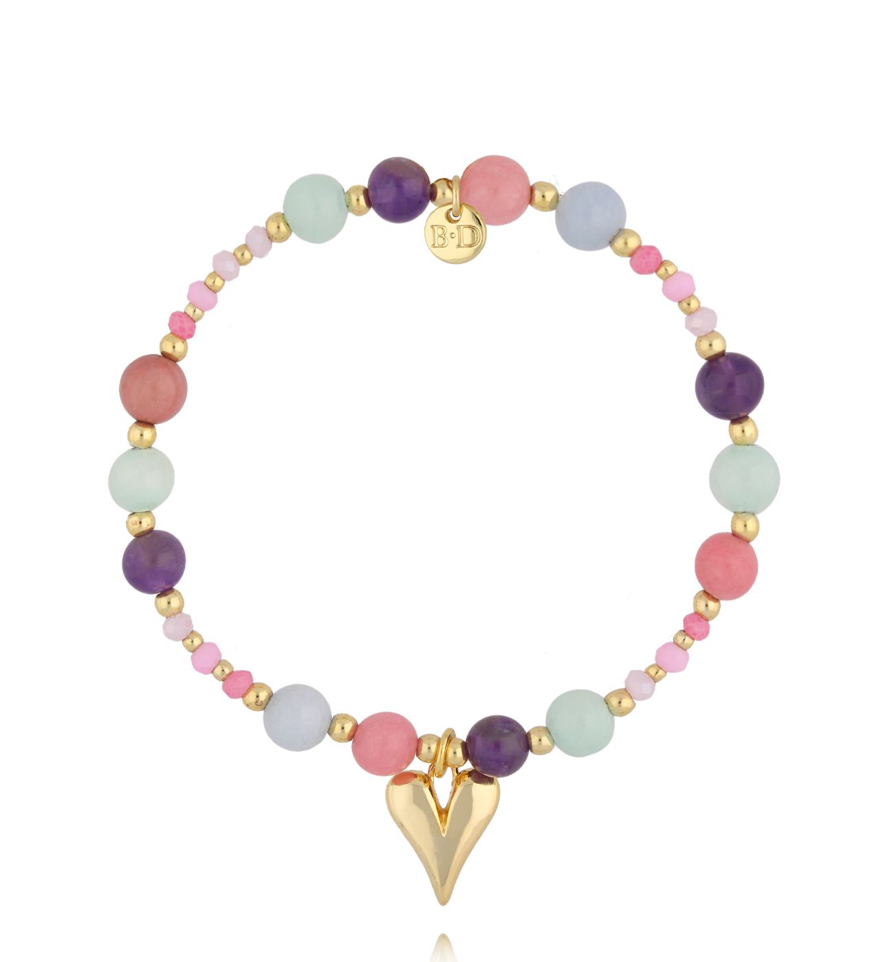 Bransoletka pastelowa z ametystem i złotym sercem - By Dziubeka