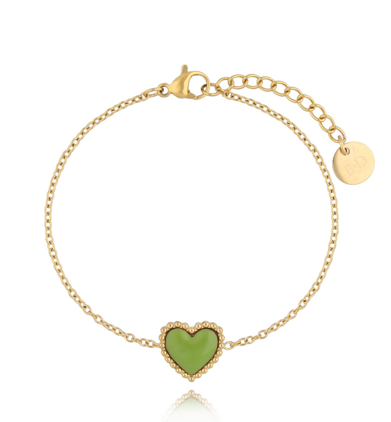 Bransoletka złota z sercem i zieloną emalią Enamel Heart - By Dziubeka