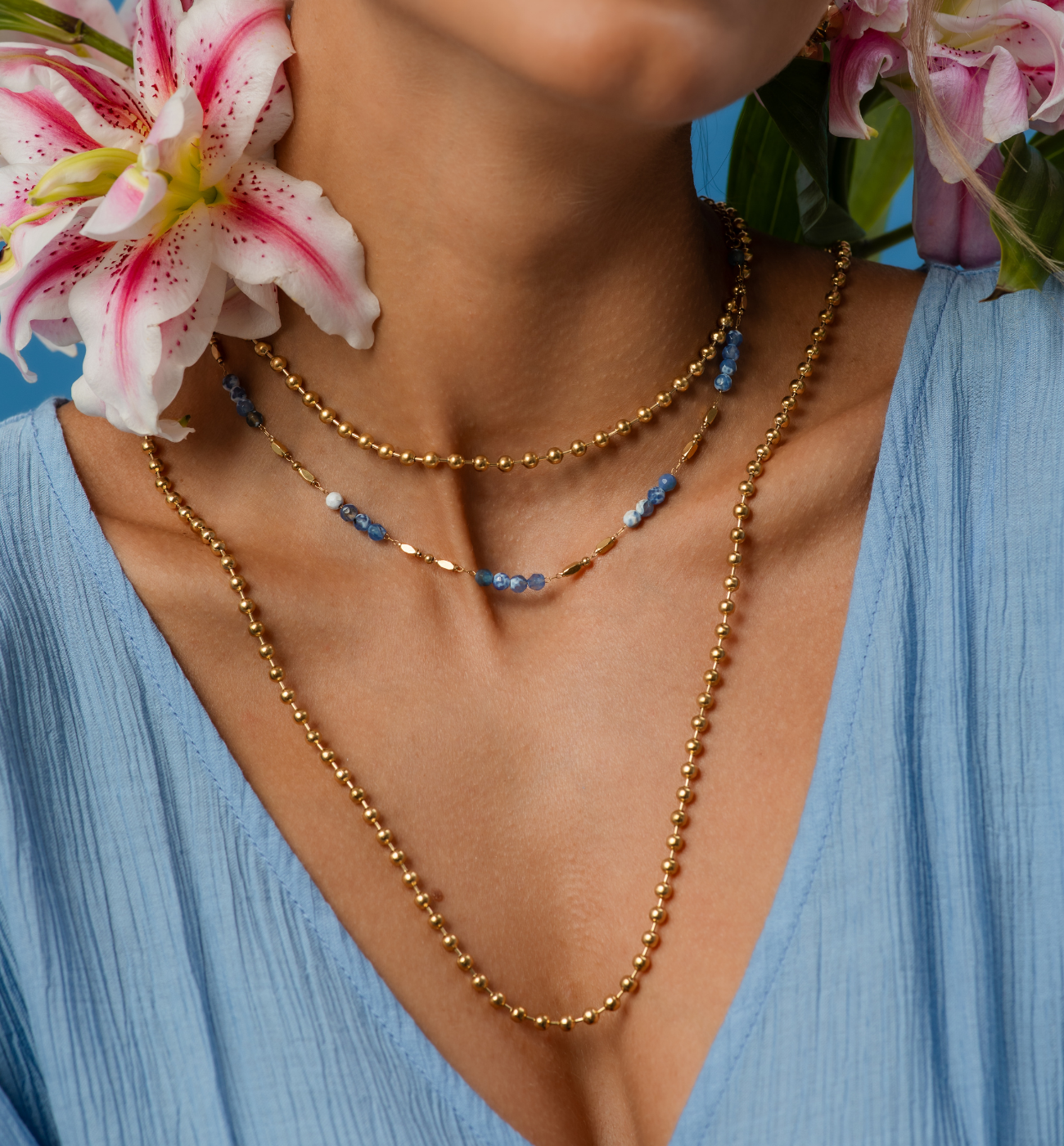 Zestaw błękitnych i złotych naszyjników Z0351 - By Dziubeka