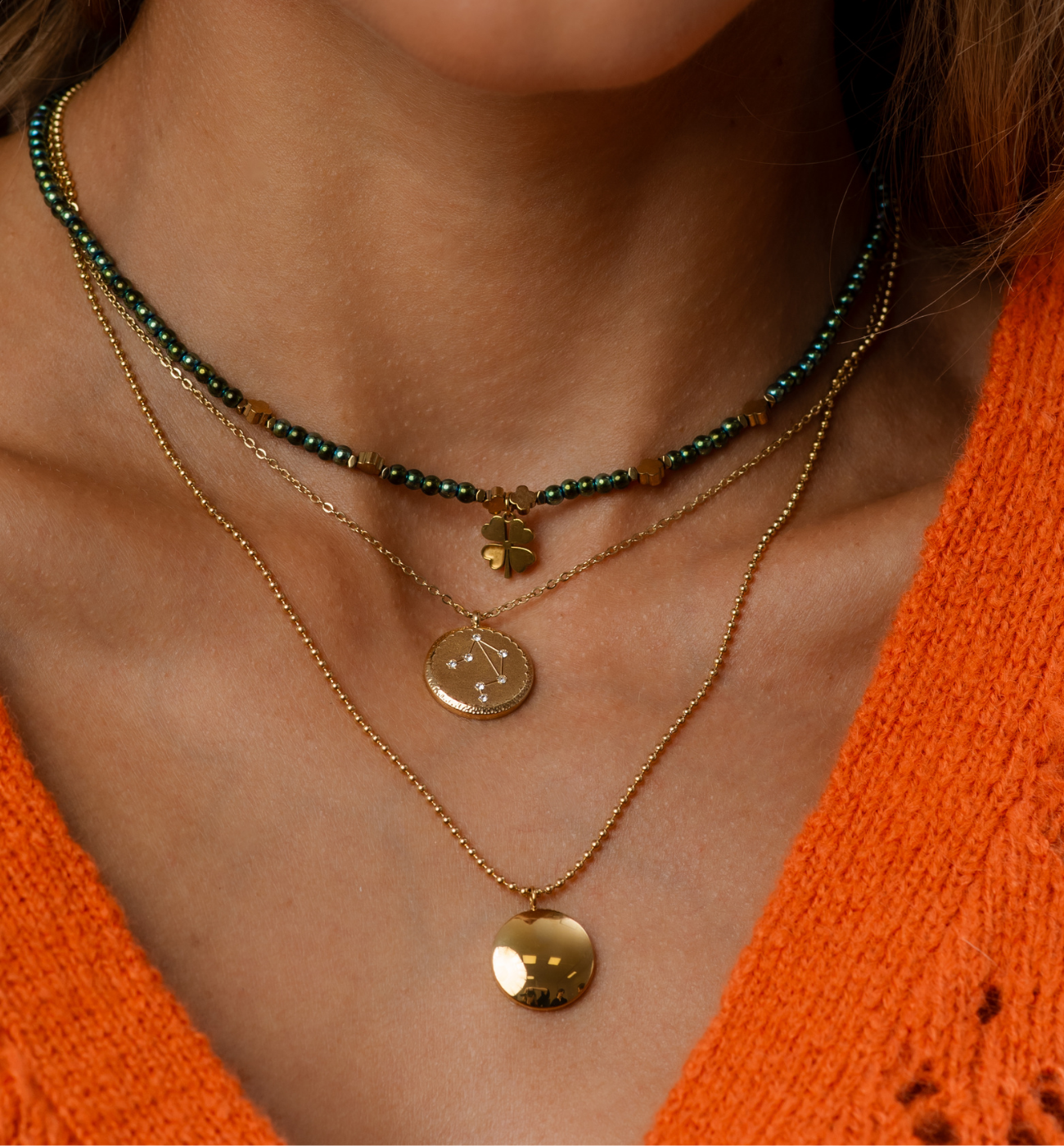 Naszyjnik zielony z hematytami z koniczynką - By Dziubeka