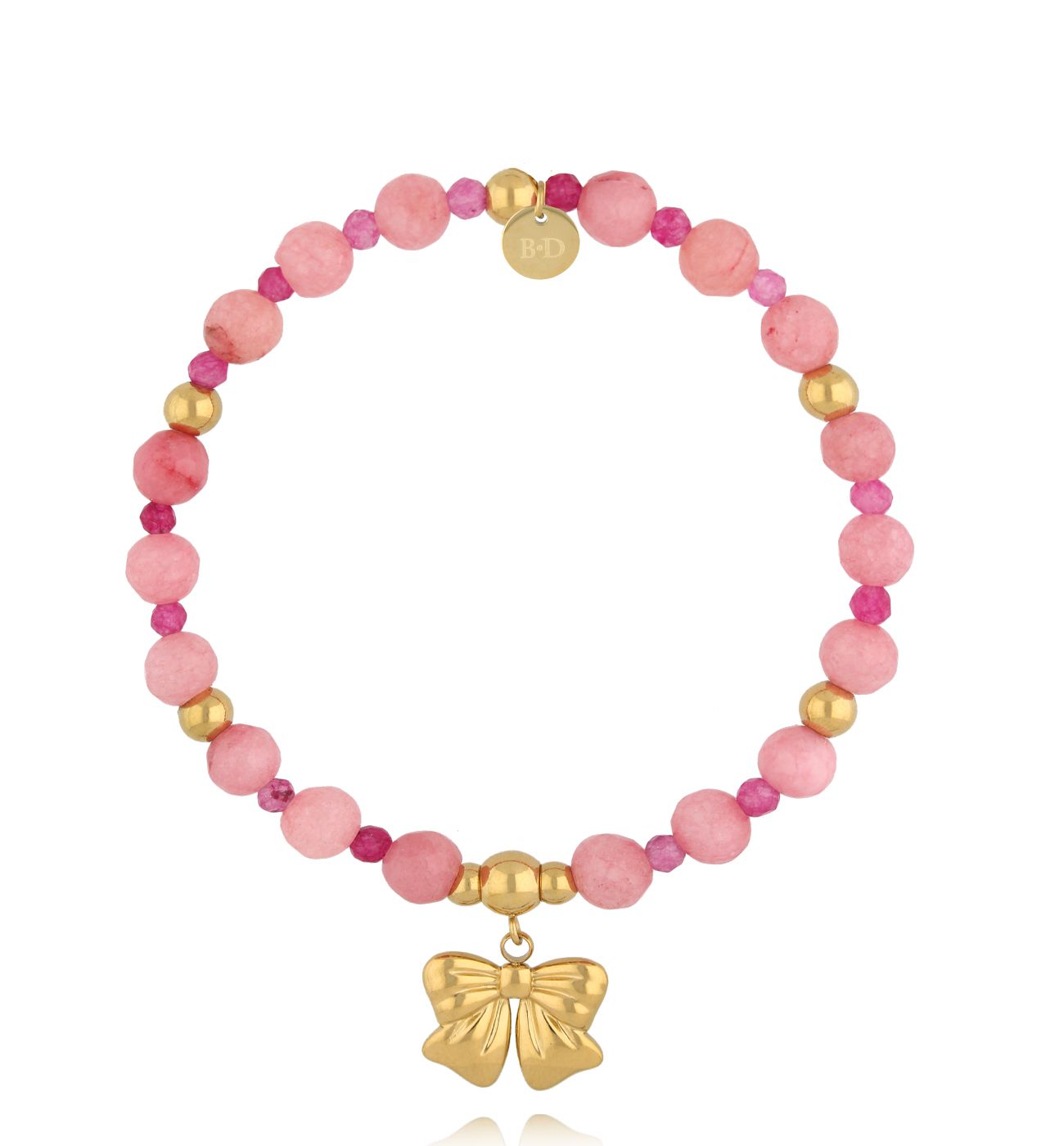Bransoletka z różowymi kamieniami i złotą kokardką BMMH4051