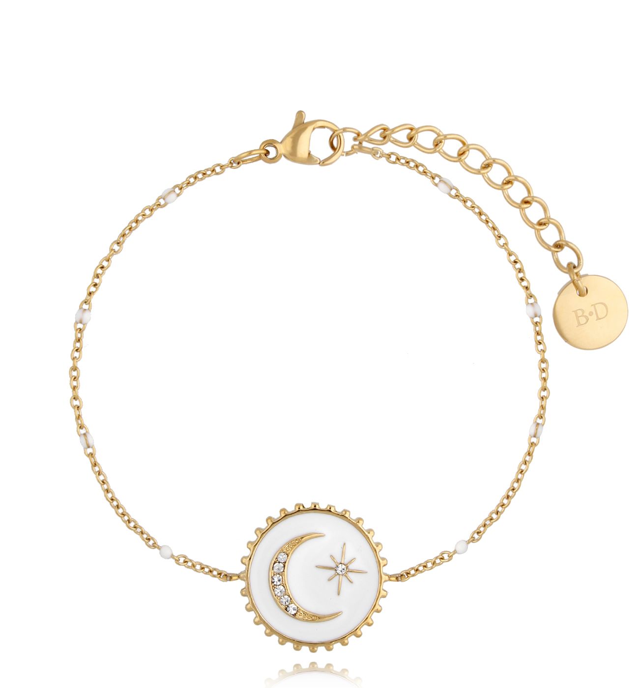 Bransoletka złota z księżycem i białą emalią Adya - By Dziubeka
