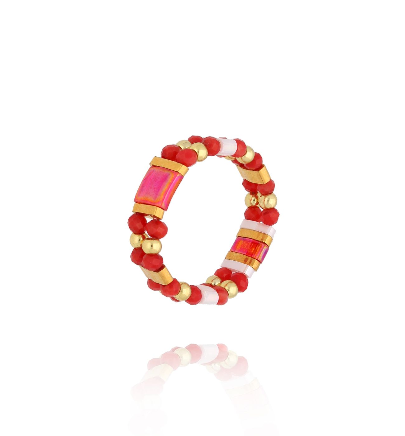 Pierścionek czerwony z koralikami Miyuki Yummy PSC0618 - By Dziubeka