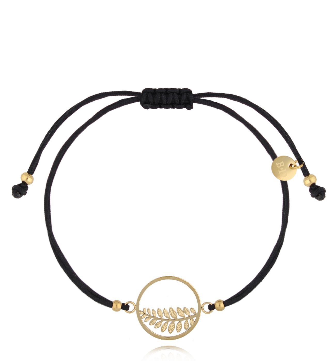 Bransoletka złota z czarnym sznurkiem i liściem paproci Botanique BGL0839 - By Dziubeka