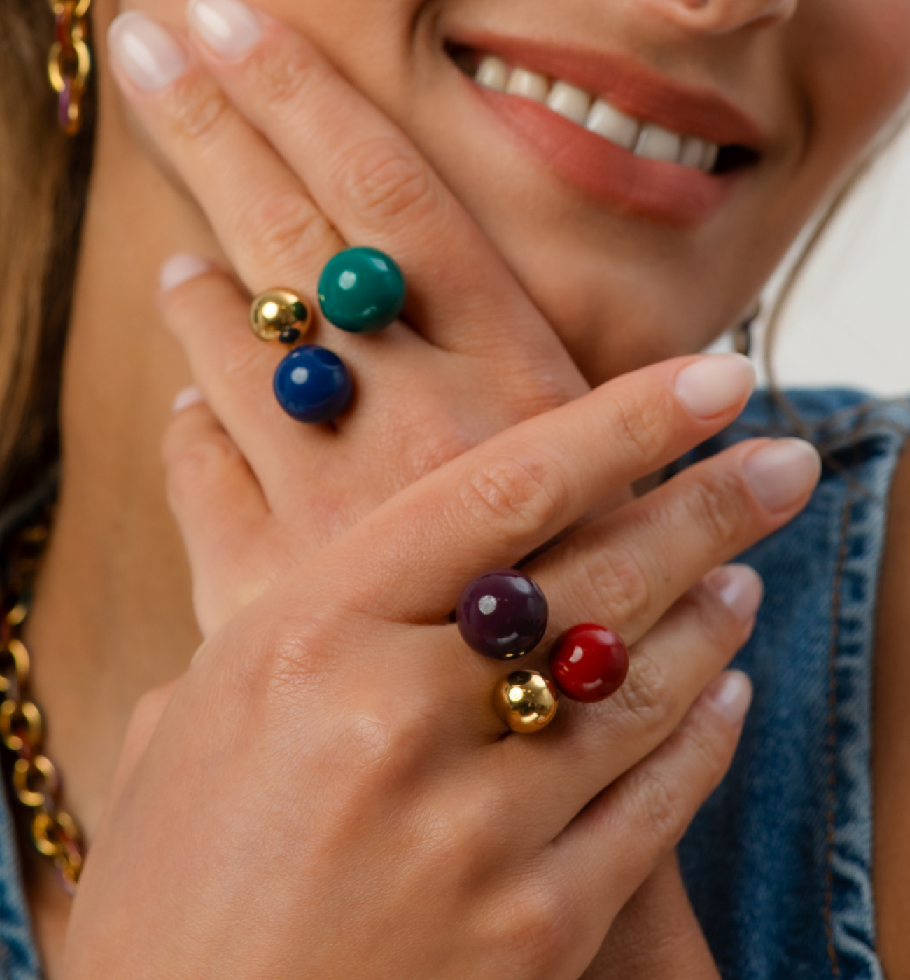 Pierścionek z kulkami emaliowany zielono niebieski - By Dziubeka