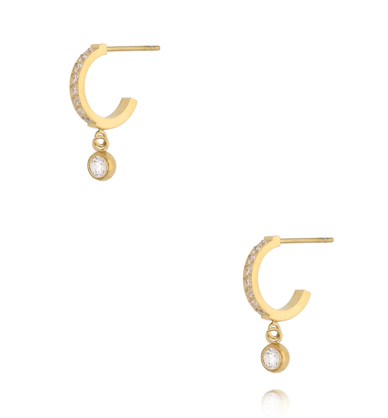 Kolczyki złote półkola z cyrkoniami i zawieszką - By Dziubeka