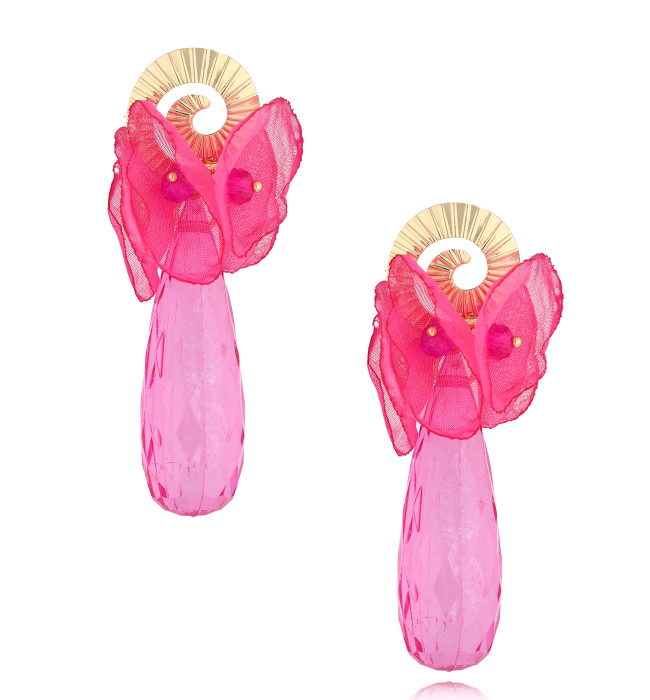 Kolczyki złote z fuksjową tkaniną i kryształem Maxentia - By Dziubeka