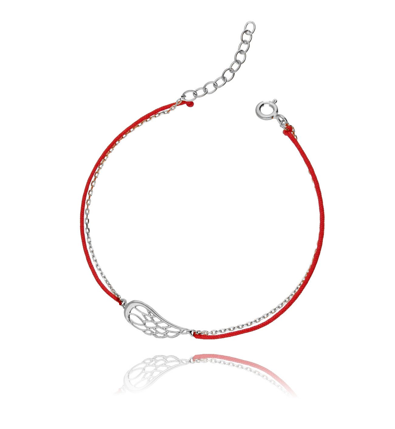 Bransoletka srebrna na czerwonym sznurku - skrzydło - By Dziubeka