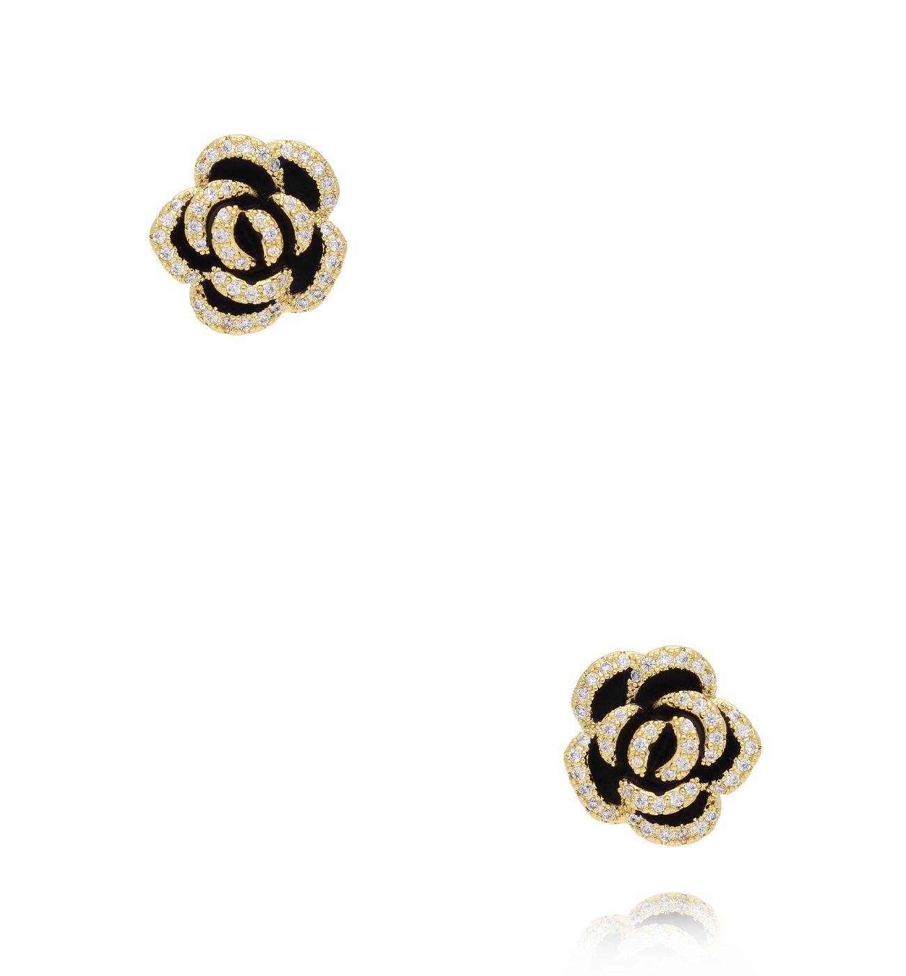 Kolczyk złote i róże z czarną emalią i cyrkoniami KLU0136 - By Dziubeka