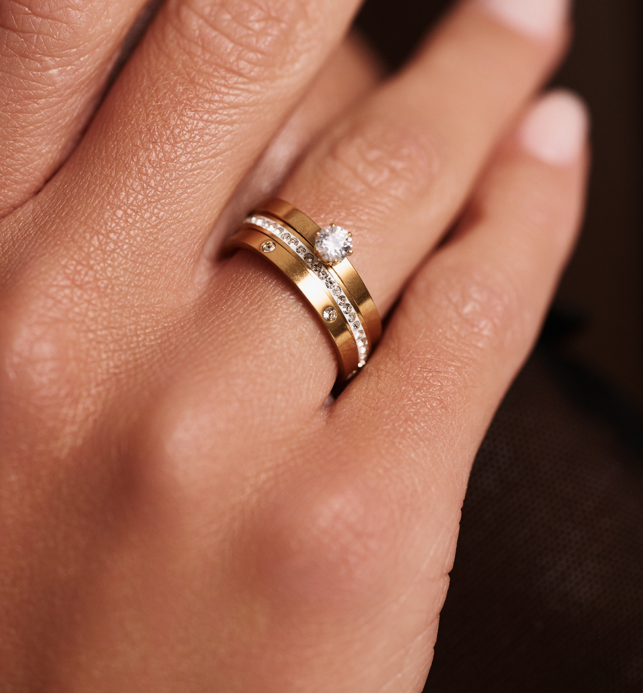 Komplet trzech złotych pierścionków z cyrkoniami PSY0125 - By Dziubeka