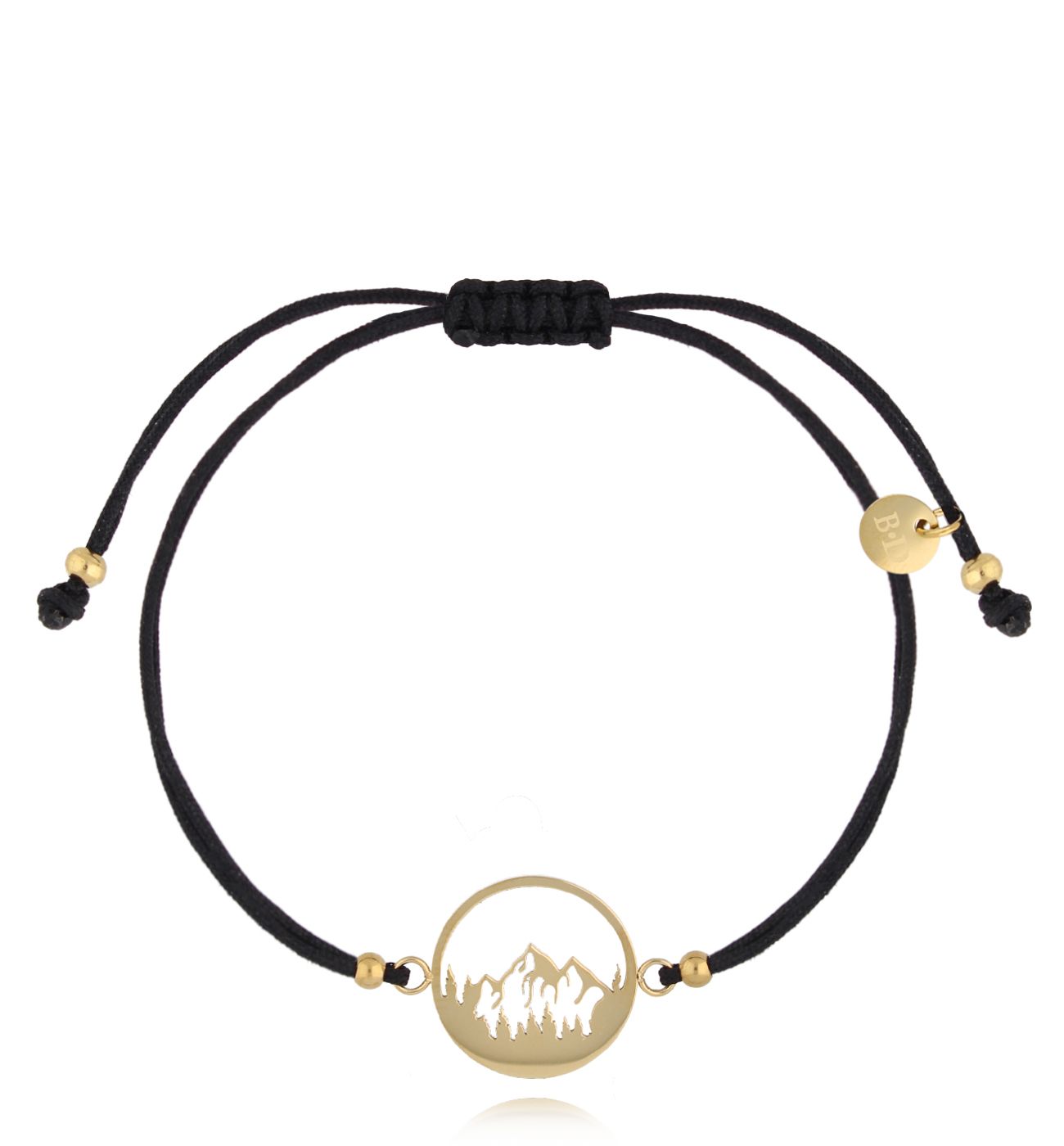 Bransoletka złota z czarnym sznurkiem i górami Montagne BGL0815 - By Dziubeka