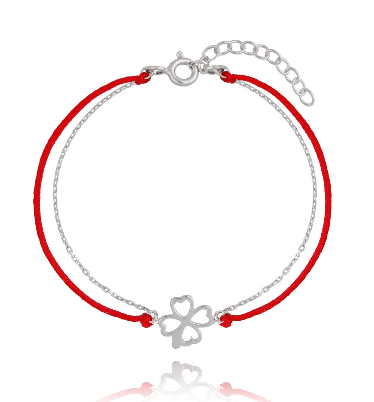 Bransoletka srebrna na czerwonym sznurku - koniczynka - By Dziubeka