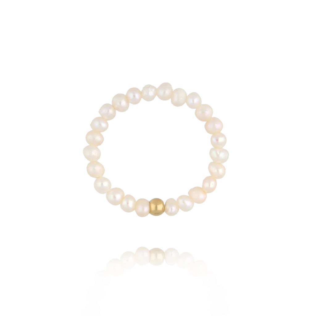 Pierścionek elastyczny z perłami złoty - By Dziubeka