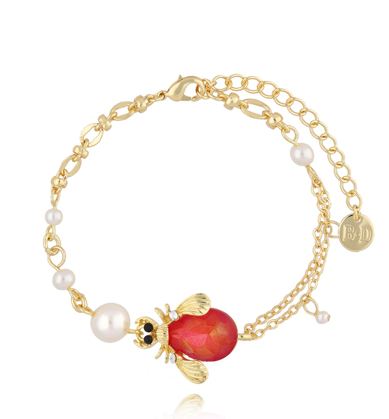 Bransoletka z czerwonym owadem i perłami Morning Dew - By Dziubeka