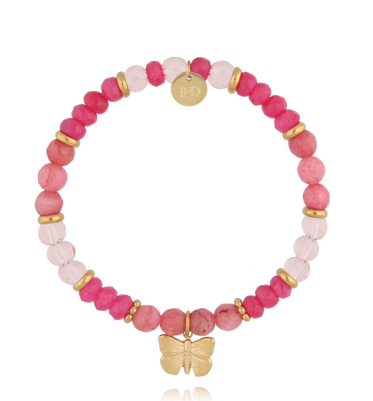 Bransoletka z różowymi kamieniami i złotym motylem - By Dziubeka