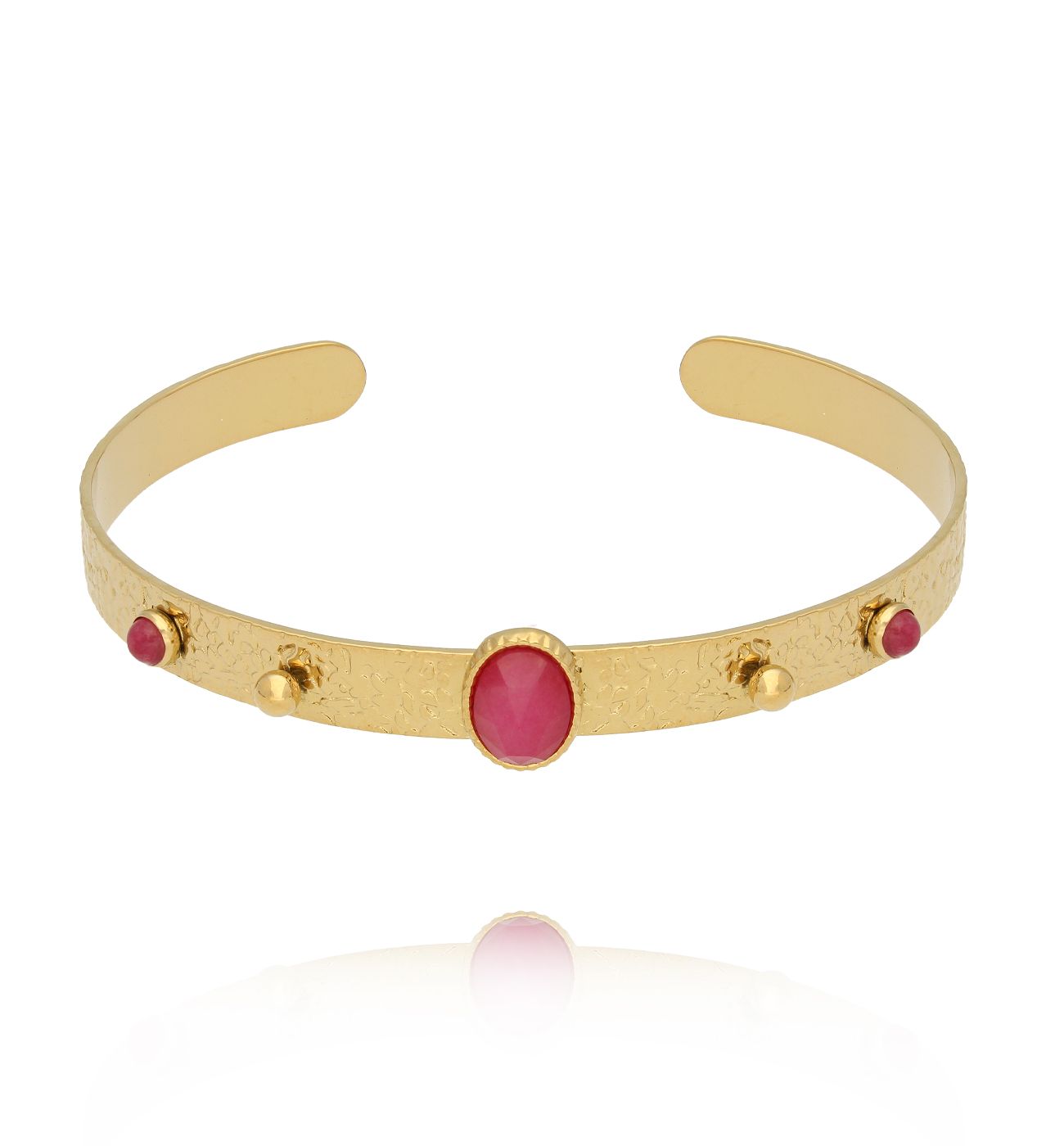 Bransoletka otwarta złocona z jadeitem fuksjowym BEA0015 - By Dziubeka