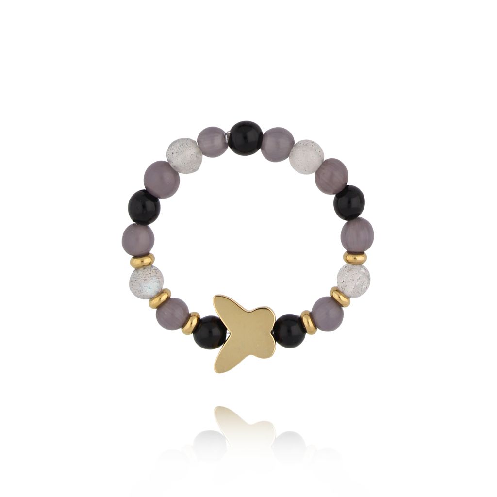 Pierścionek elastyczny szaro czarny z motylkiem PSC0650 - By Dziubeka