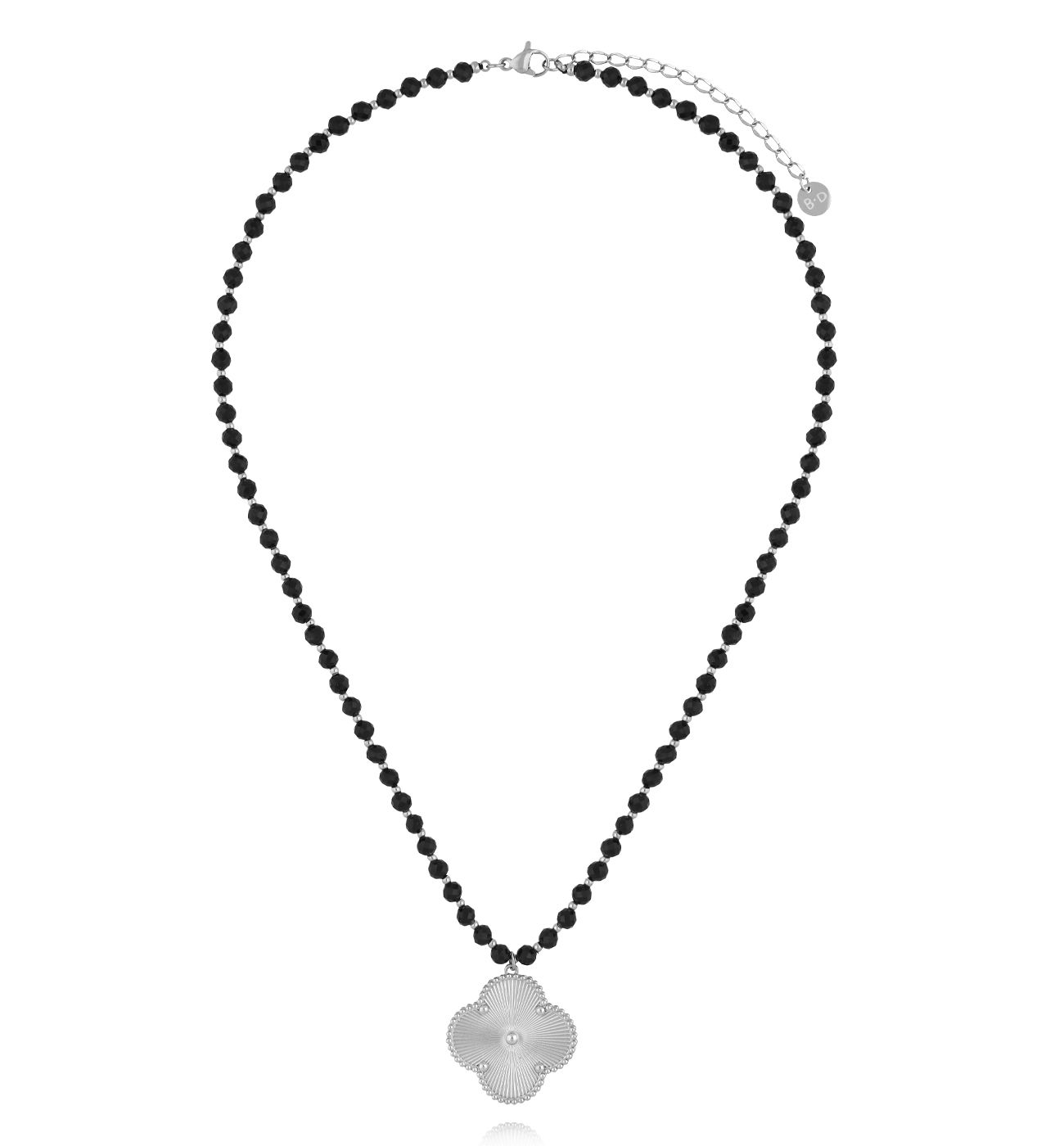 Naszyjnik z czarnymi turmalinami i srebrną koniczynką NSY0684