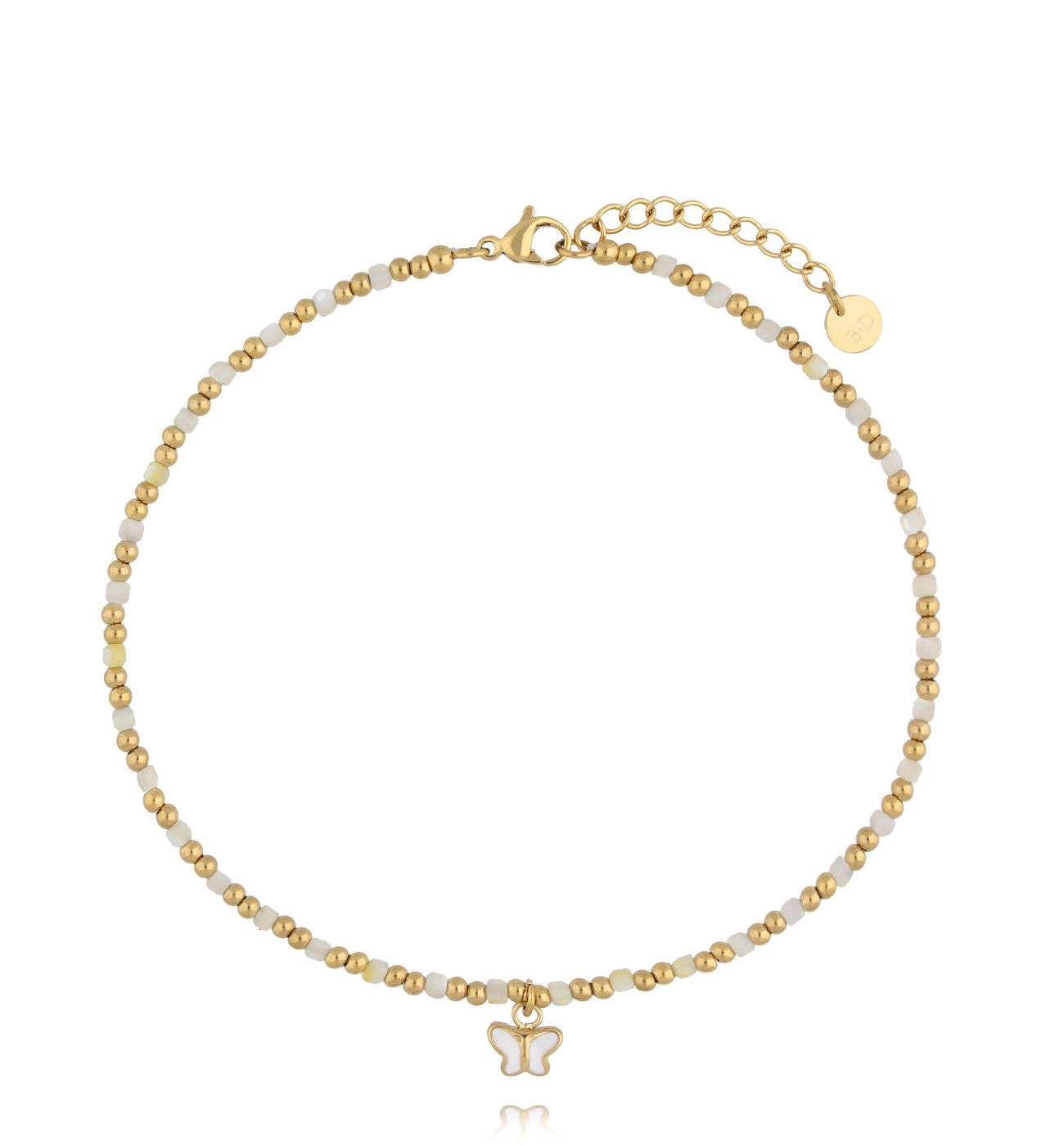 Bransoletka na nogę biała z motylkiem B - By Dziubeka