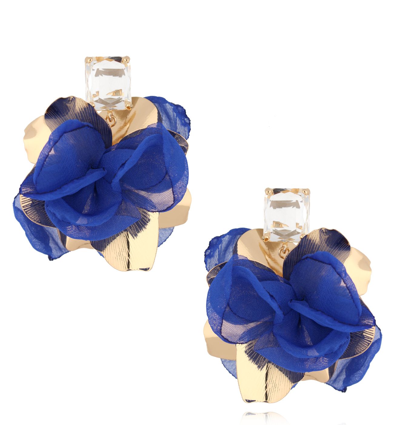 Kolczyki złote z granatową tkaniną Gold Blossom - By Dziubeka