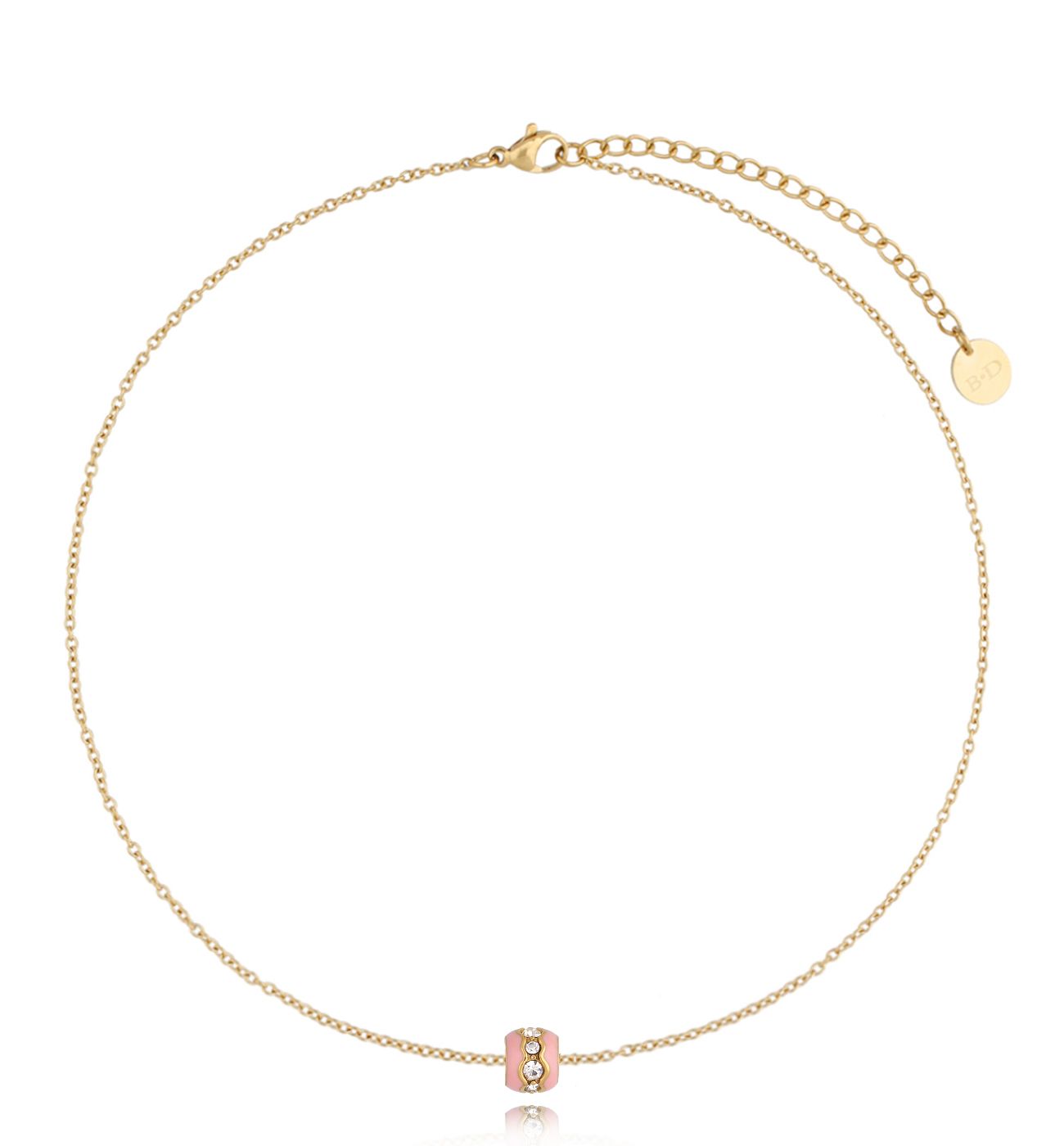 Naszyjnik złoty z kryształkami z różową emalią Mori - By Dziubeka
