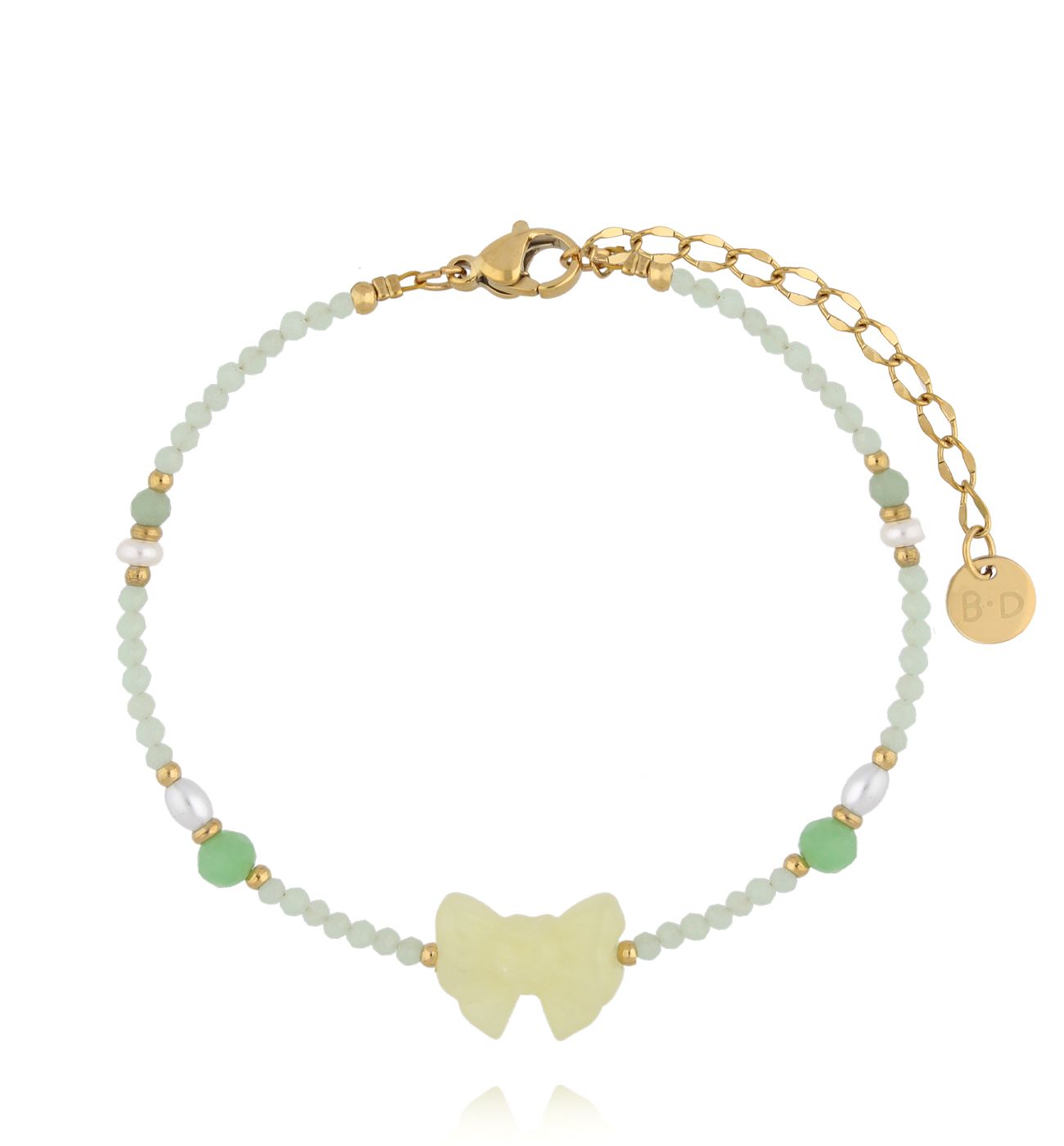 Bransoletka z zielonymi jadeitami i kokardką - By Dziubeka