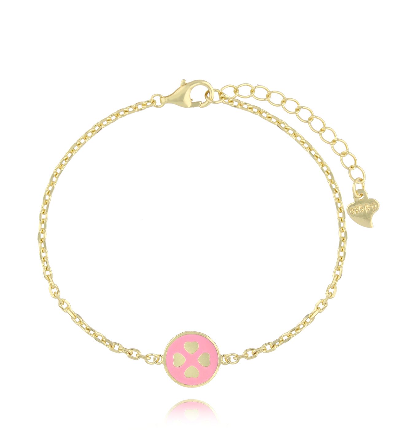 Bransoletka złota z koniczynką i różową emalią BCA0016 - By Dziubeka