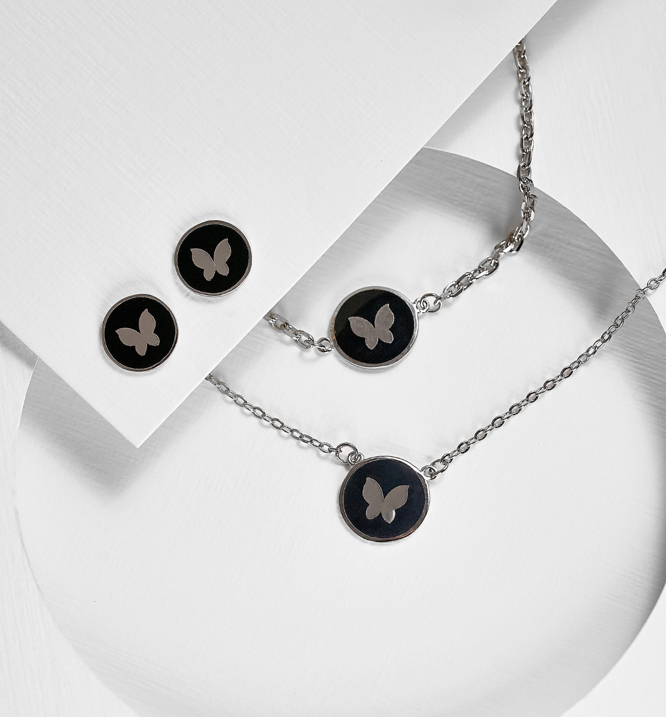 Zestaw srebrny z motylkiem i czarną emalią Candyland ZCA0005 - By Dziubeka