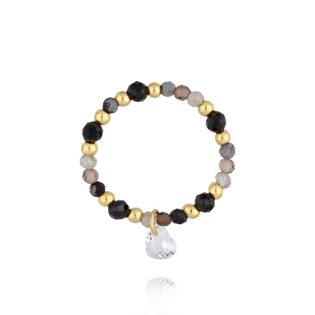 Pierścionek elastyczny z sercem szaro czarny PSC0668 - By Dziubeka