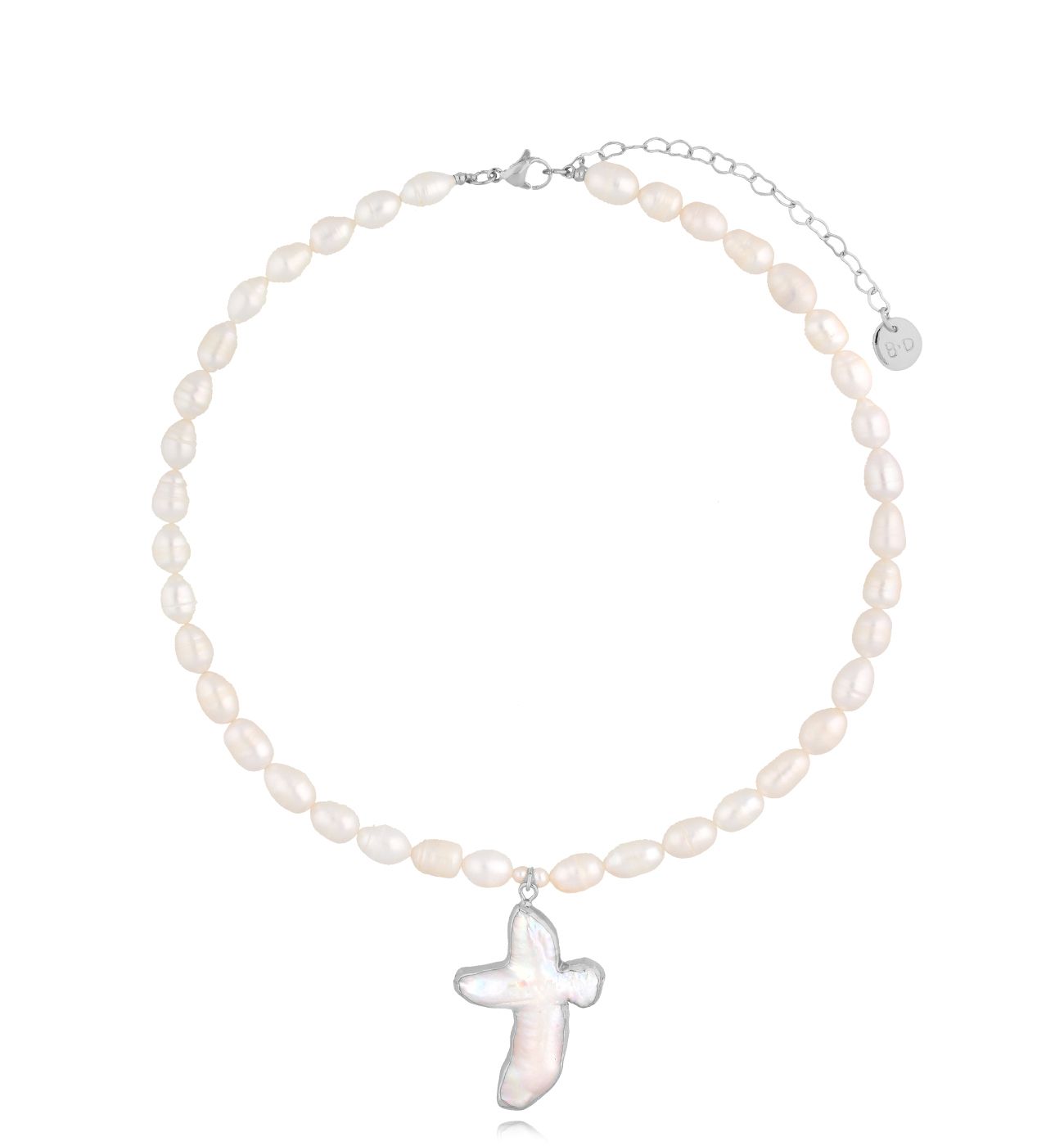 Naszyjnik z perłami i krzyżem srebrny Roma - By Dziubeka