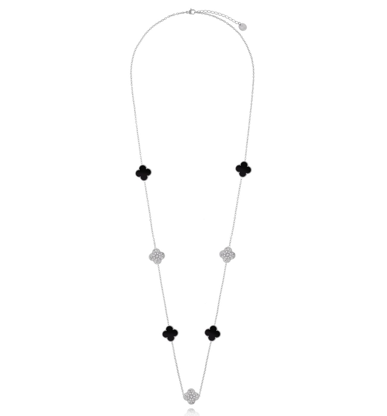 Naszyjnik z czarnymi i srebrnymi koniczynkami długi NSY0402 - By Dziubeka
