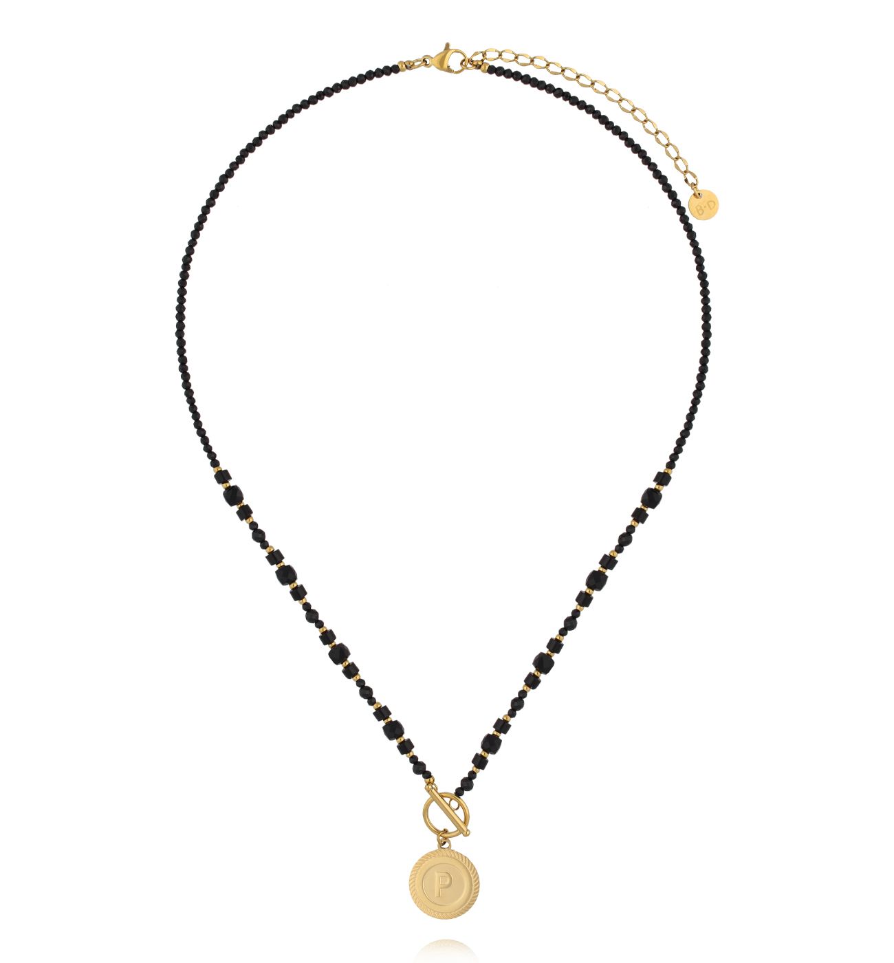 Naszyjnik z czarnych turmalinów i medalikiem litera P NTW1519