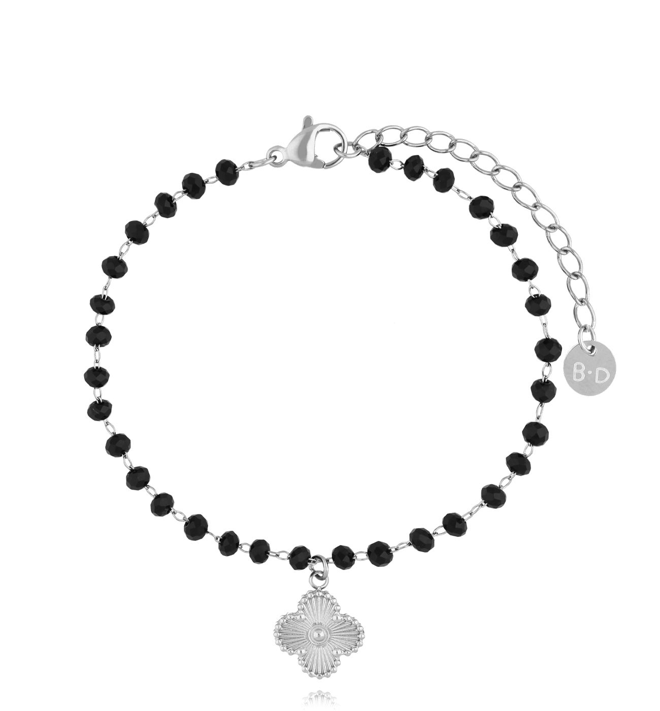 Bransoletka czarna ze srebrną koniczynką BSY0276 - By Dziubeka